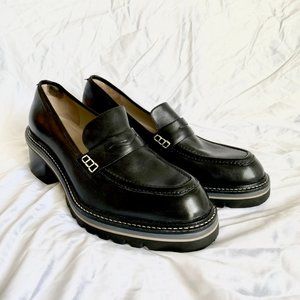 Bernardo Selma Loafer Leather Lug Rubber Sole Stack Heel Slip On 11M Black